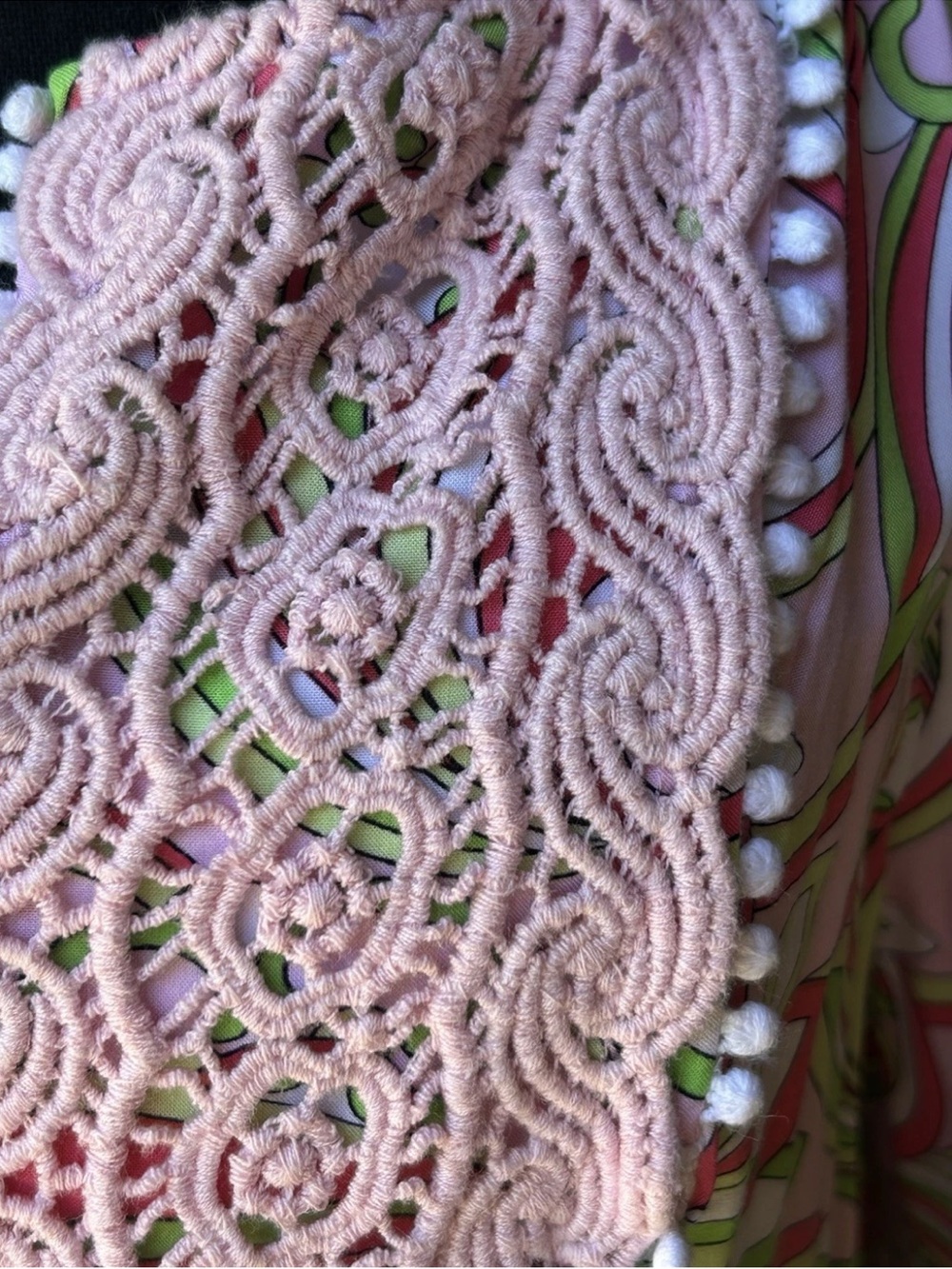 Crown & Ivy Tunic Top Size Medium Pink Green Floral Crochet Trim Ball Fringe - Picture 5 of 11